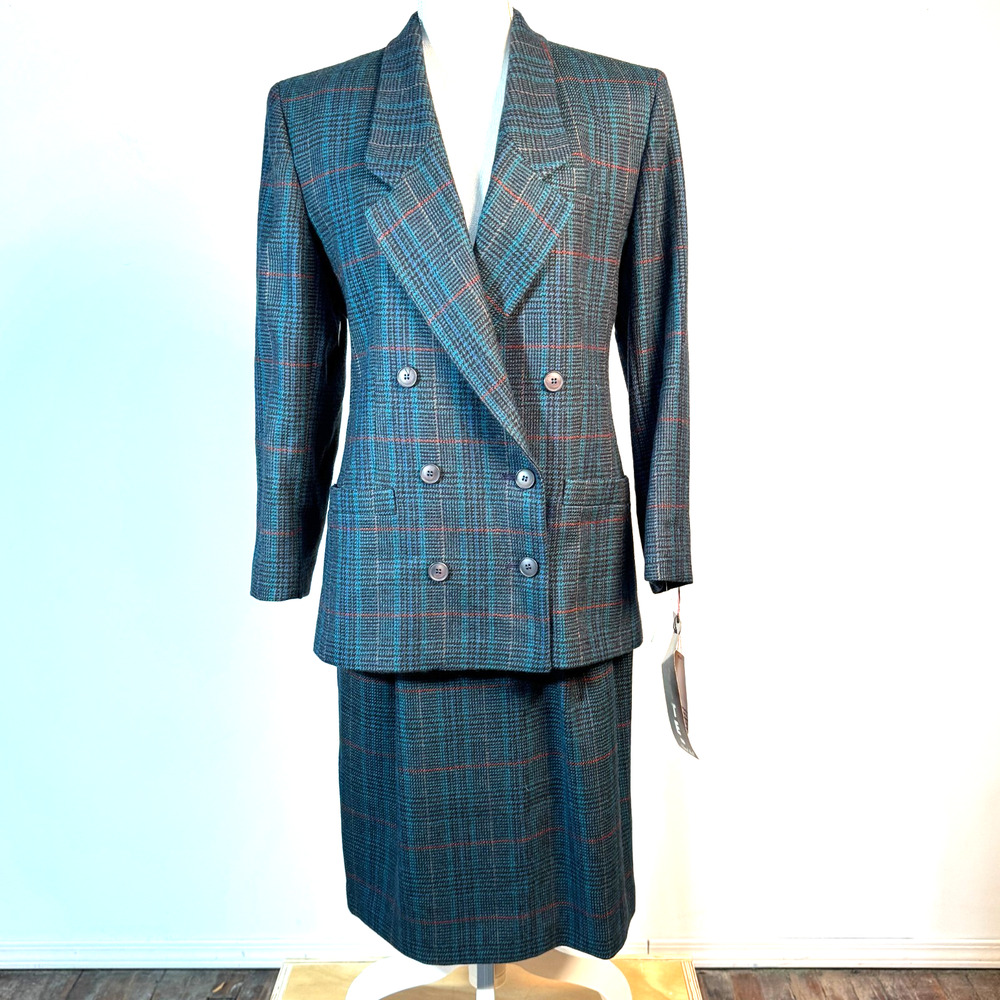 Vintage Deadstock Talbots Double Breasted Plaid Blazer Skirt Suit 8‎
